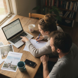 Couple budgeting wedding venue at home table