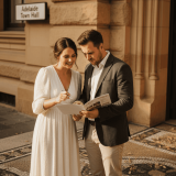 Couple reviewing Adelaide wedding venue outside heritage building