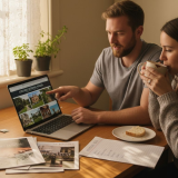 Couple searching wedding venues at home