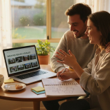 Couple searching wedding venues online at home