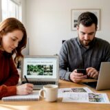 Couple researching Adelaide venue profiles at kitchen table