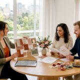Wedding planner and couple reviewing custom details