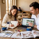 Couple planning wedding venue at home table