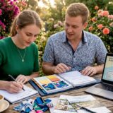 Couple planning wedding venue at kitchen table