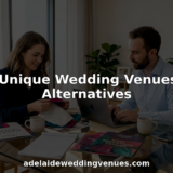 Couple comparing wedding venue options at home table
