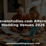 Couple reviewing wedding venue brochures at kitchen table