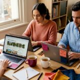 Couple reviewing wedding venue options at kitchen table