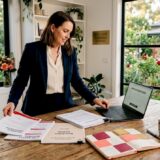 Venue coordinator organizes registration paperwork at desk