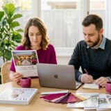 Couple planning wedding budget at kitchen table