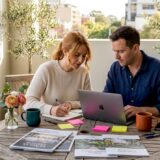 Couple reviewing wedding venues at home table