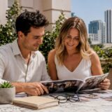 Couple reviewing urban wedding venue brochures outdoors