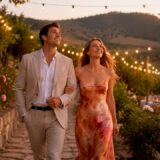 Couple walking through decorated wedding venue outdoors