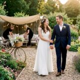 Couple near outdoor marquee wedding setup