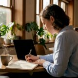 Marketing specialist planning SEO strategy at coworking space