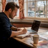 Venue manager optimizing venue description on laptop