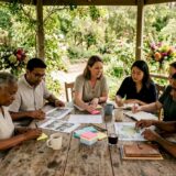Diverse group discussing venue selection around table.