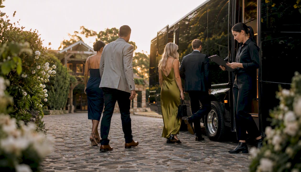 Wedding venue privacy tips: your essential checklist 1 Guests boarding shuttle bus for private wedding