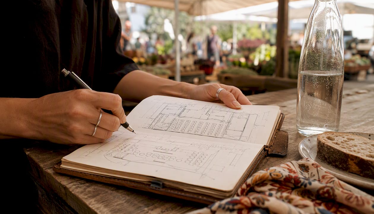 Venue checklist process for event planners and couples 2 Hands sketching venue layout in café
