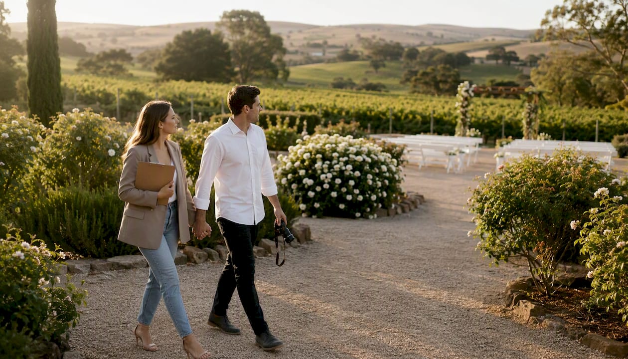 Venue checklist process for event planners and couples 3 Couple inspecting guest arrival path outdoors
