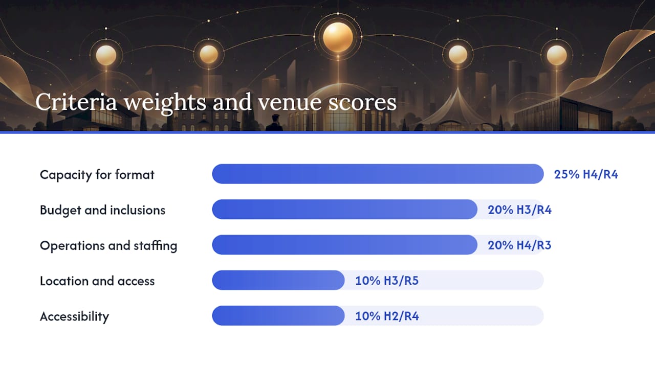 Venue selection criteria list: a practical scoring checklist 2 Venue scoring comparison matrix diagram