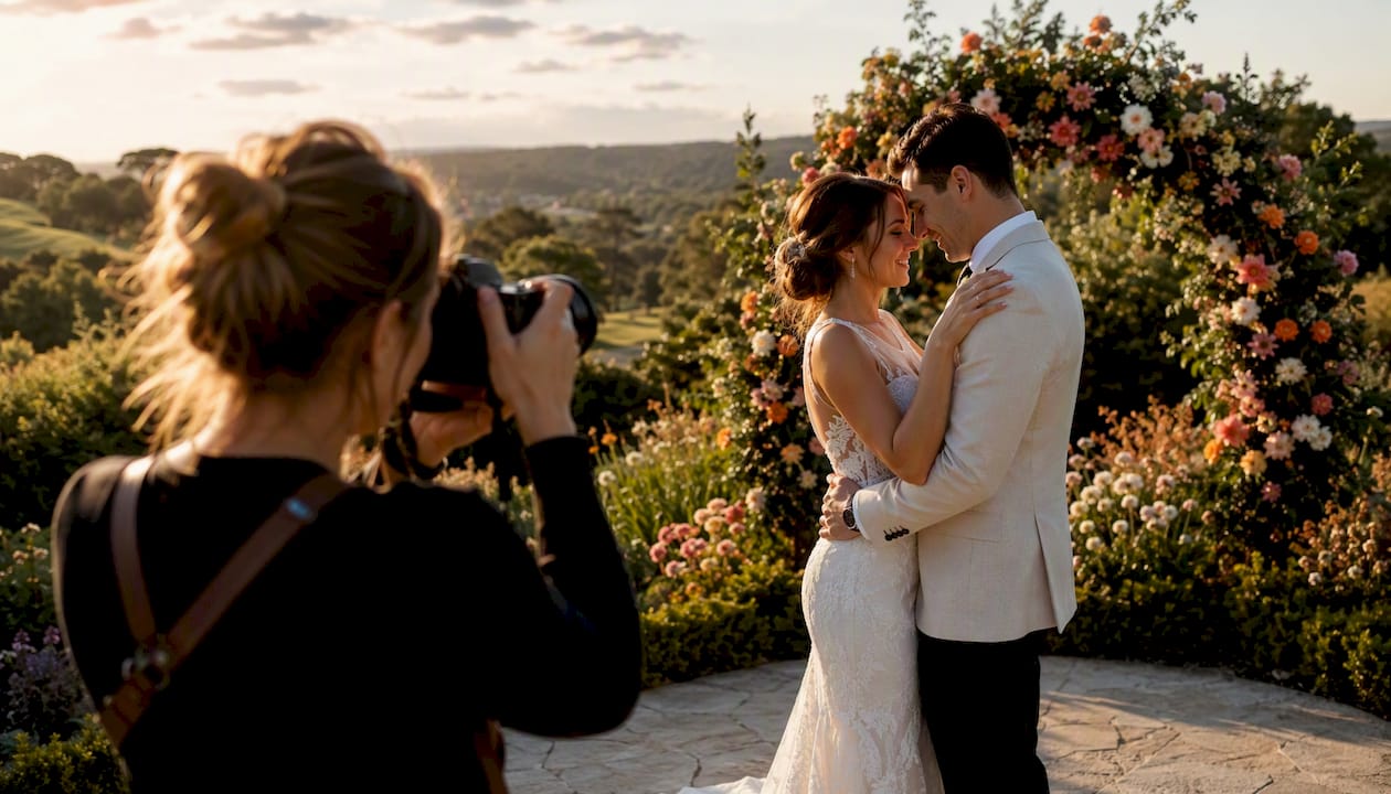 Benefits of outdoor weddings: why couples choose open-air ceremonies 1 Photographer taking golden hour wedding photos