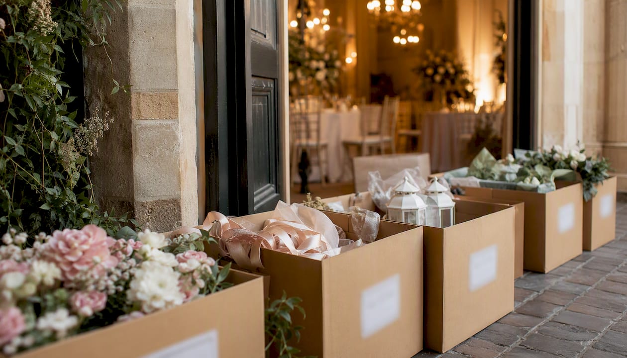 Venue styling step by step: your complete DIY guide 2 Labeled boxes with wedding decor items