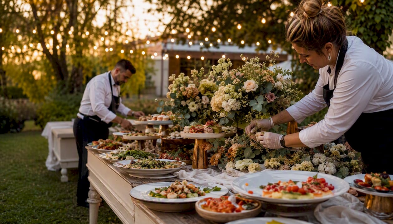 All-inclusive wedding venues: the real advantages explained 2 Caterers preparing plated meals for wedding guests
