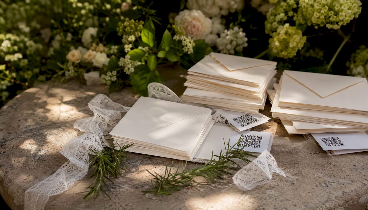 Best online RSVP tools: pick by guest-list complexity, not hype 2 Wedding invitations with QR codes on wooden table