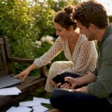 Couple planning wedding RSVP at table