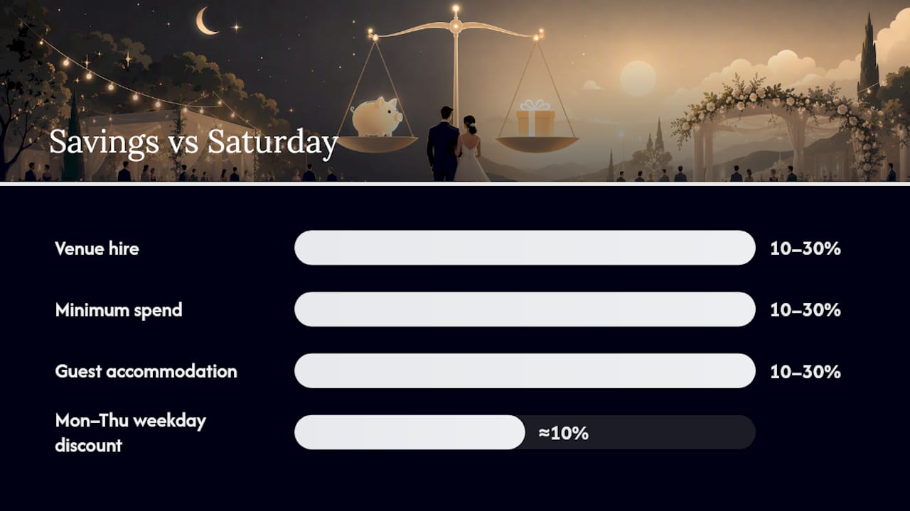 Save 10–30%: Friday Vs Saturday Wedding for Engaged Couples 1 Wedding date savings across major costs