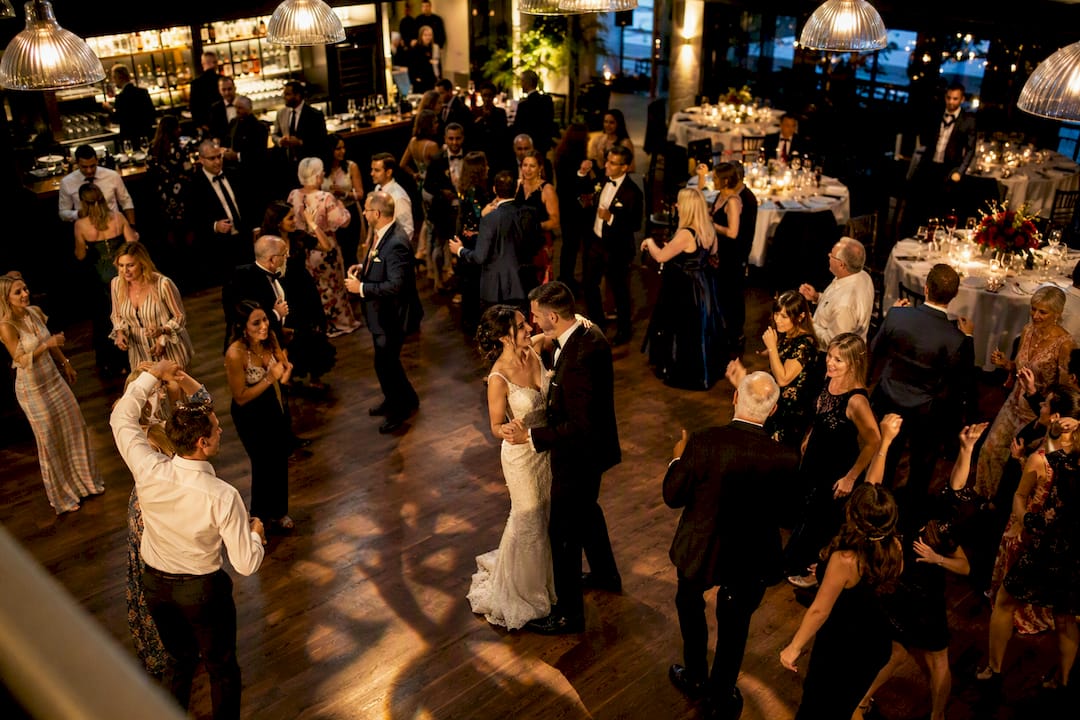 Save 10–30%: Friday Vs Saturday Wedding for Engaged Couples 3 Guests dancing at an evening wedding reception